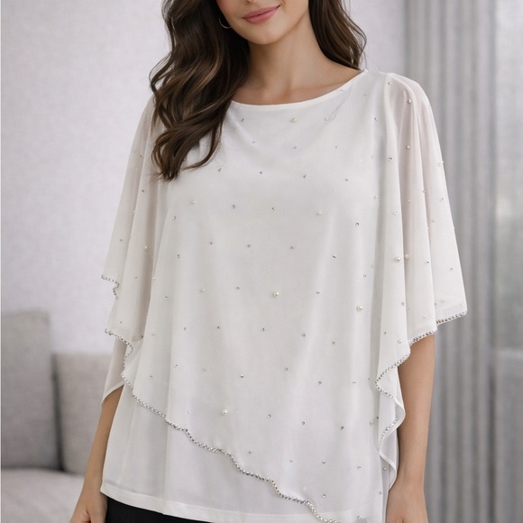 Tops - MSK Ivory Embellished Poncho Blouse Pearl Rhinestone Overlay – Size S (NWT)
